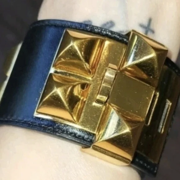 Hermés Collier de Chien Yellow Gold Plated Studded Leather Adjustable Bracelet - Picture 13 of 15